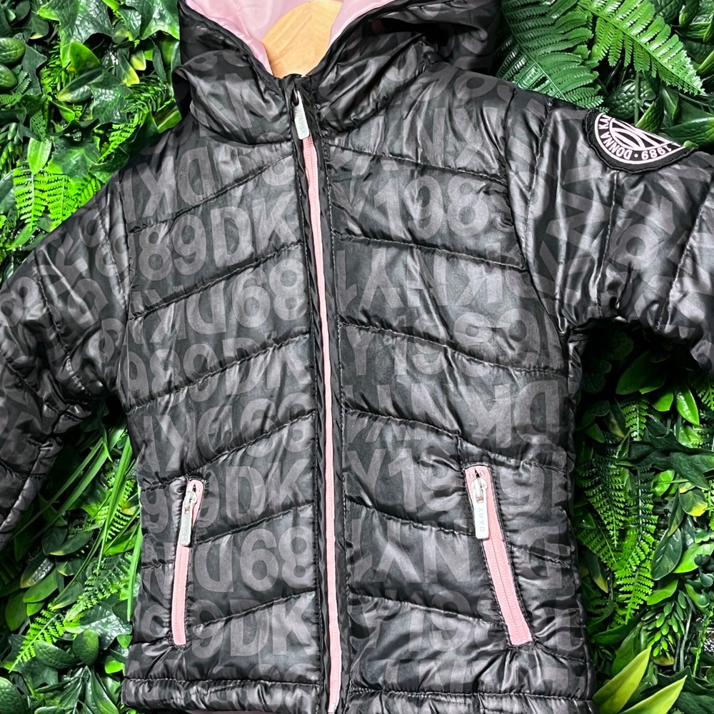 DKNY Kids Jacket Girls Size 3T Black Puffer Pink Accents Logo Print 3304 - Picture 4 of 9